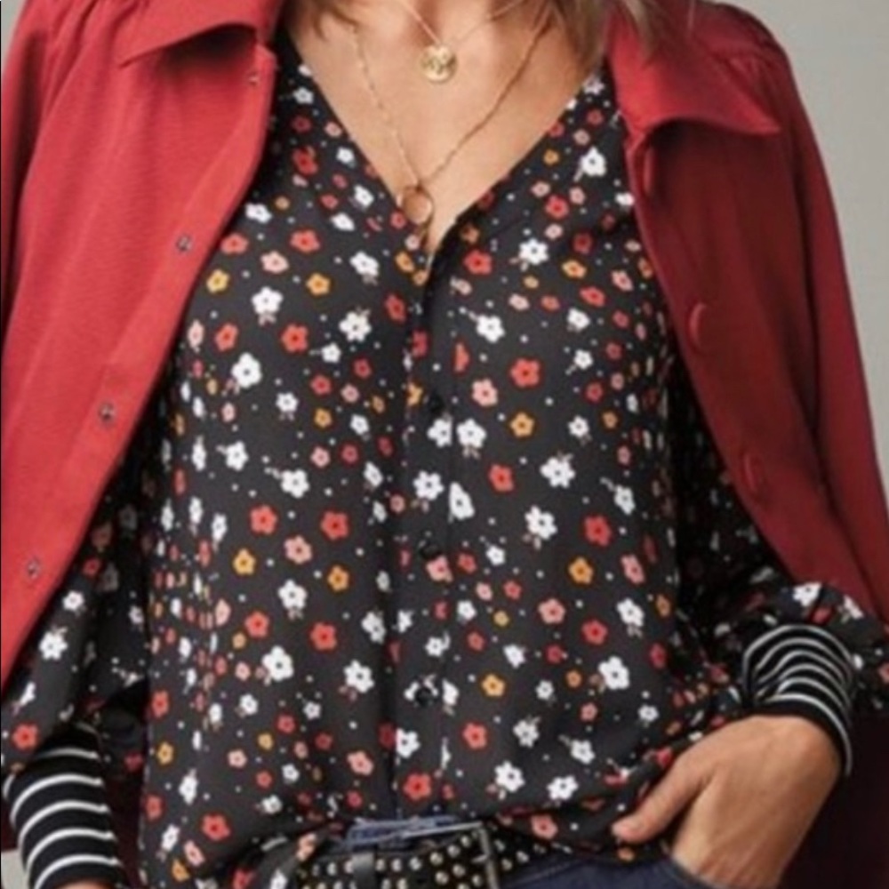 CAbi Black Floral Button-Front Blouse with Red and White Accents